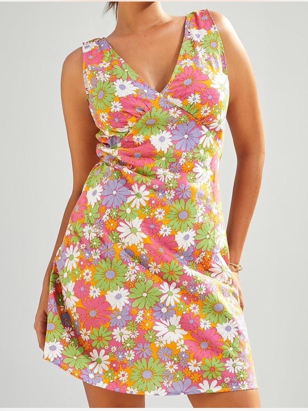 Peppermayo Bright Floral V-Neck Mini Dress in Pink, Green & Purple
